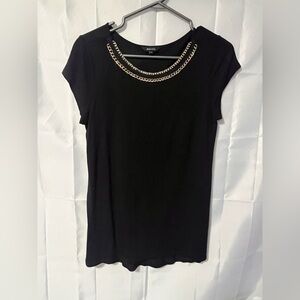RW&CO. Black Blouse with Gold Chain Accent